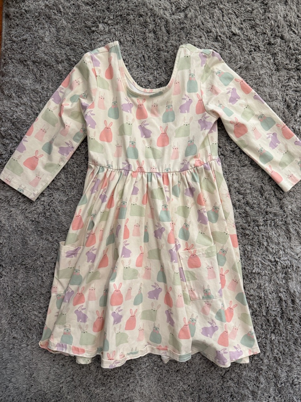 Girls' Pastel Bunny Print Long Sleeve Casual Dress
